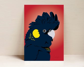 Yellow Tailed Black Cockatoo Print, Parrot Print, Australian Bird Wall Art, Digital Illustration