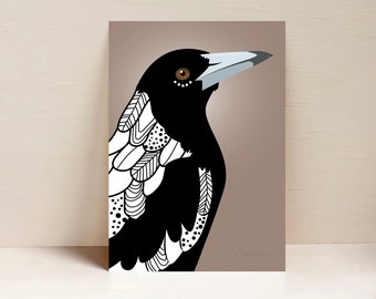 Magpie Print, Bird Print, Australian Bird Wall Art, Digital Illustration