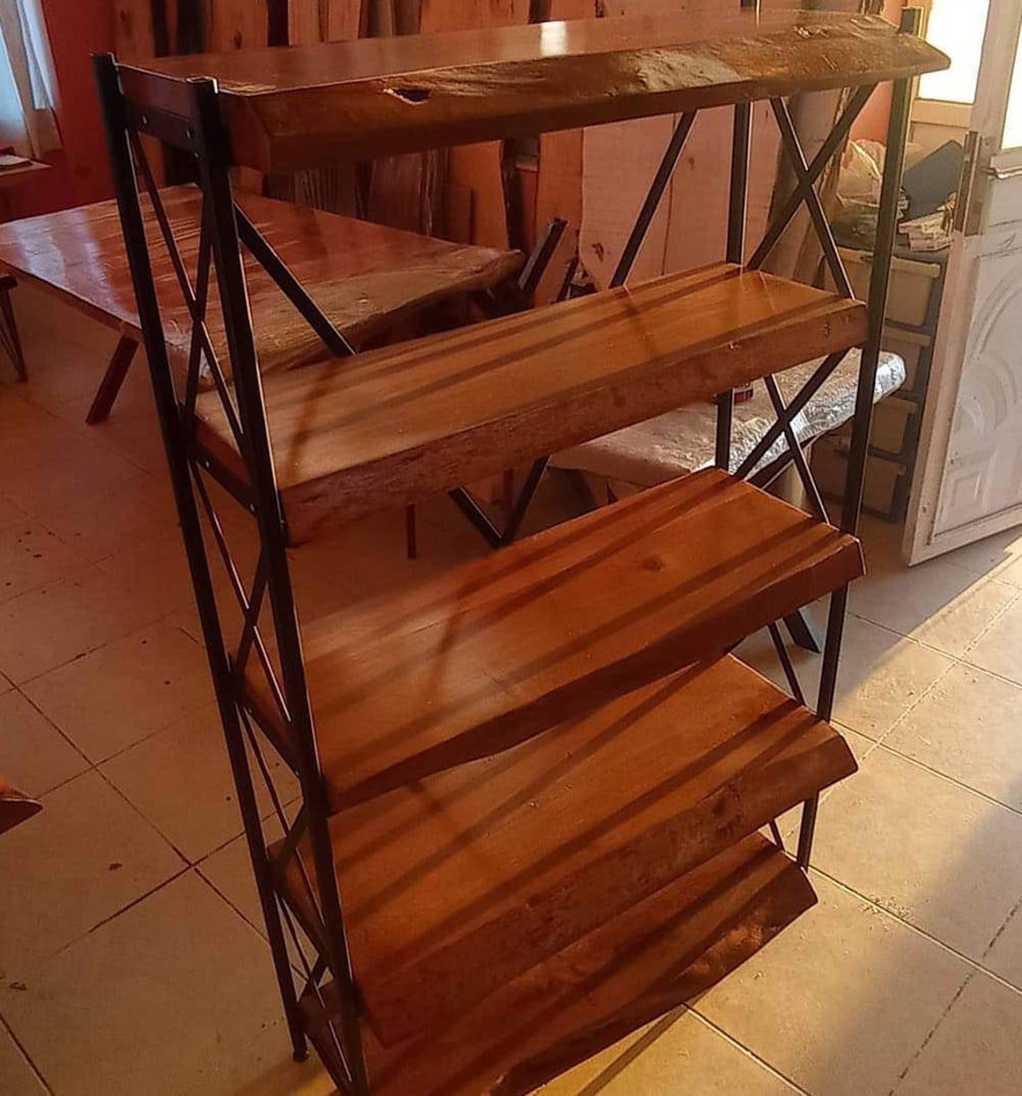 Live Edge Wooden Bookcase Metal Leg bookshelf Rustic Library Etsy