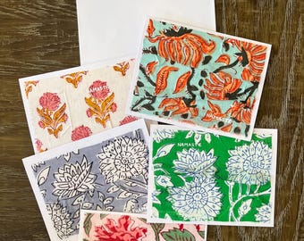 NOTECARDS, Assorted, Handmade, Indian Sari Print Fabric Greeting Card, Stationary, Set of 5, Blank Notecard, PIH Donation w/ Every Purchase