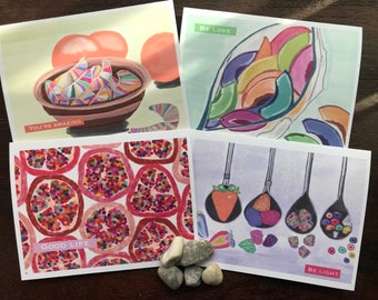 NOTECARDS, Assorted, Handmade Fruit-themed Greeting Card Set, Stationary, Set of 4 (#2), Blank Note Card, Thank You Card, Gift for Her
