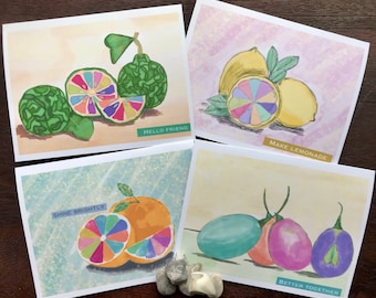 NOTECARDS, Assorted, Handmade Fruit-themed Greeting Card Set, Stationary, Set of 4, Blank Note Card, Thank You Card, Gift for Her, Friend