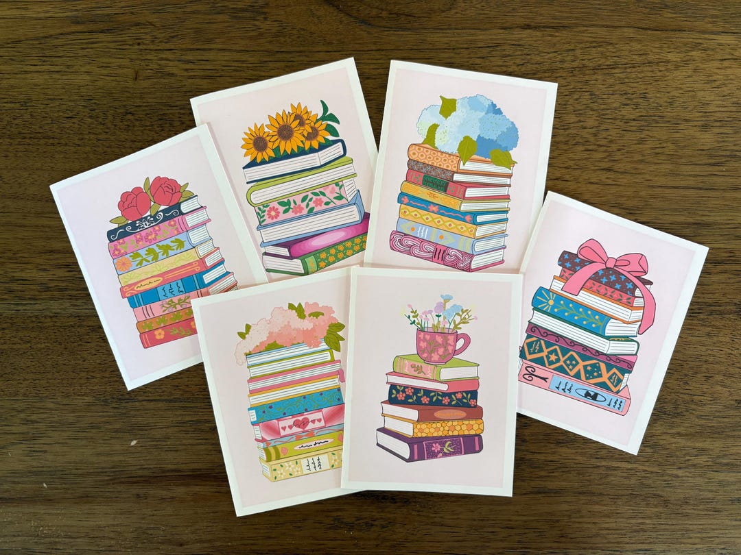 BOOK STACK NOTECARDS, Greeting Card Set- Stationary, Set of 6, Blank ...