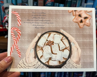 Hot Cocoa Holiday Card or Print- Hand drawn Holiday Card, Hot Cocoa Card, Hot Chocolate card, Christmas card, Cozy Christmas Card & envelope