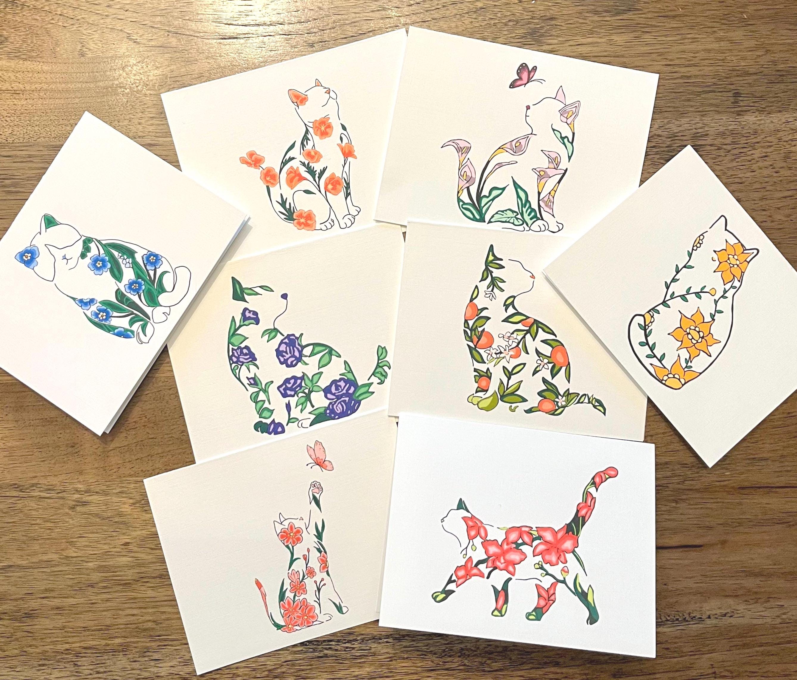 CAT NOTECARDS, Greeting Card Set- Stationary, Sets of 4 or 8, Blank Note Cards, Thank you Card, Friend Gift, Mom Gift, Birthday Gift, Cat