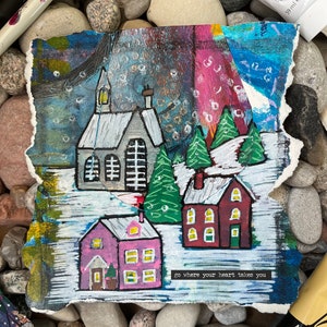 Small Wall Art- Snowy Village Tiny Painting- Hand painted, original art; mini winter print, Christmas village, winter landscape, folk art