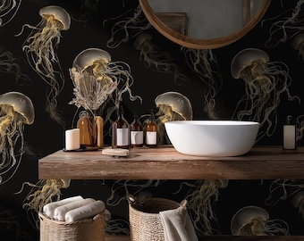 Black Jellyfish Wallpaper – Modern Ocean Mural for Bathroom, Bedroom, or Accent Wall - BS142