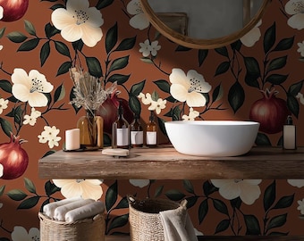 Terracotta Floral Wall Mural: Vintage Botanical Wallpaper Peel and Stick for Bathroom - BS35