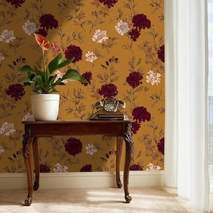 Burgundy Floral Wallpaper – Ochre and Blush Vintage Flower Mural for Living Room or Bedroom - BS132