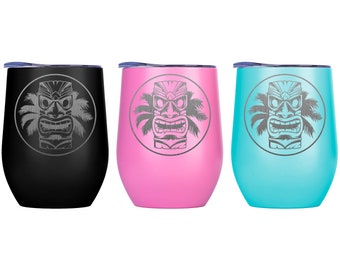 Hawaiian Tiki Mask Coffee Tumbler, Personalized Coffee Mug, 13.5 oz, Fantasy Wine Tumbler, Custom Gift, Geek Gift, Travel Wine Tumbler