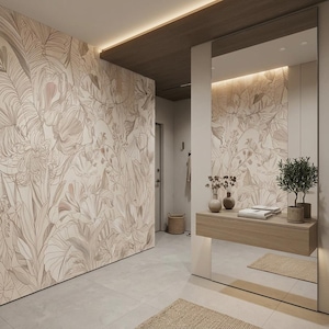 May include: A modern interior hallway with floral wallpaper in neutral tones. A wooden console table with vases, books, and a potted plant sits beneath a large mirror. A woven rug and a small basket add texture to the space. The ceiling has recessed lighting.