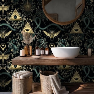 Mystical Occult Wallpaper – Dark Gothic Mural with Snakes, Moths, and All-Seeing Eye - BS128