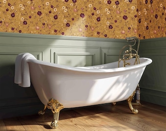 Vintage Floral Wallpaper Mural: Mustard, Burgundy & Beige Non-Woven - BS134