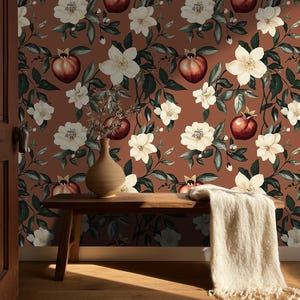 Pomegranate Kitchen Wallpaper – Botanical Fruit Mural, Removable Floral Wall Decor in Warm Terracotta - BS33