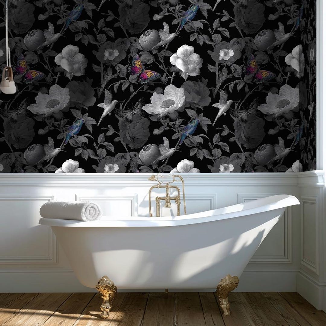 Dark Floral Bathroom Wallpaper: Moody Black Botanical With Butterflies ...