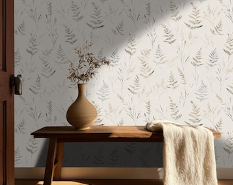 May include: A wooden bench with a beige throw blanket and a brown vase holding dried plants. The wall behind the bench is covered in a fern pattern wallpaper in shades of gray and beige.
