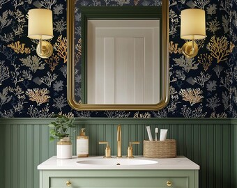 Papel pintado Navy Coral: Diseño botánico costero para baños y aseos - BS62