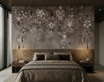 Taupe Floral Wall Mural: Abstract Botanical for Bedroom, Living Room - BS421