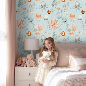 Papel pintado infantil Ocean: Precioso mural submarino para habitación infantil con pulpos y peces - BS22