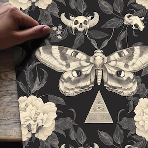 Gothic Moth Skull Wallpaper – Dark Academia Occult Wall Mural in Black - BS190