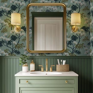 May include: A bathroom scene featuring a gold-framed mirror, sconce lights, and a light green vanity with a white countertop. The wallpaper has a botanical pattern in shades of green, white, and navy. The faucet and hardware are gold.