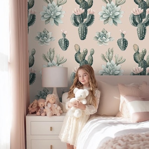 Cactus Succulent Wallpaper – Boho Nursery Wall Mural in Neutral Beige Tones - BS152