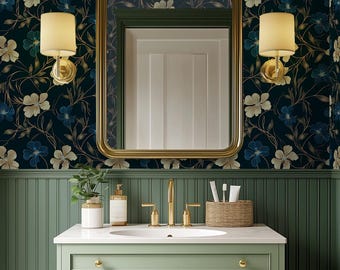Papel pintado floral oscuro: estampado botánico azul marino para baño y aseo - BS206