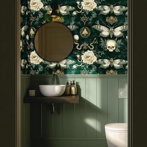 Dark Green Gothic Wallpaper – Occult Moth and Skull Wall Mural with Vintage Floral - BS129