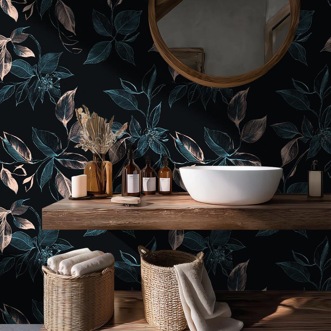 Dark Floral Bathroom Wallpaper: Moody Botanical Wall Design With Teal ...