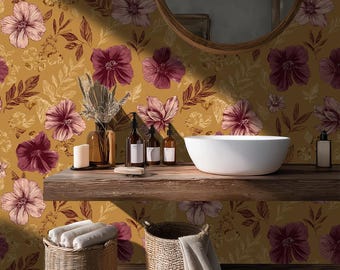 Terracotta Floral Wallpaper: Burgundy Flower Wall Mural, Peel and Stick Removable Bathroom Decor - BS131