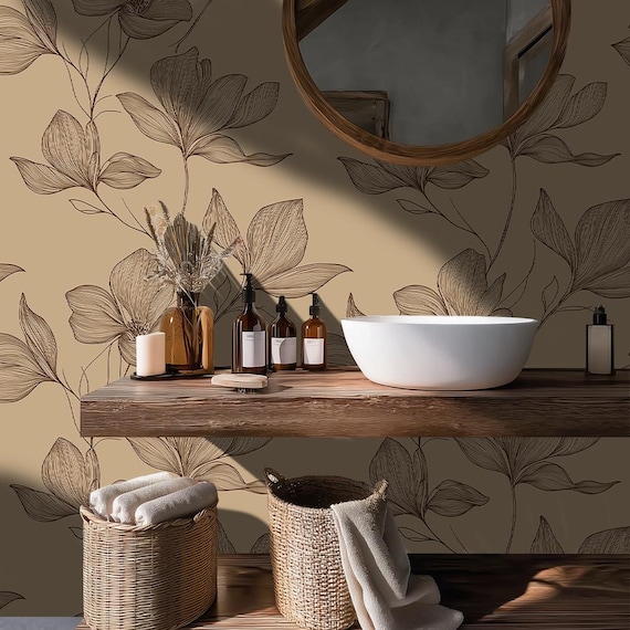 Minimal Line Floral Wallpaper: Beige Botanical Line Art, Modern Neutral Wall Decor - BS17