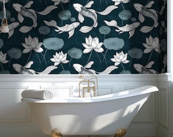 Japanese Koi Wallpaper: Blue Peel Stick Wallcover with Lotus Art - BS16