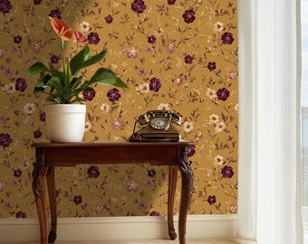 Mustard Floral Wallpaper: Vintage Wildflower Wall Decor for Entryway - BS134