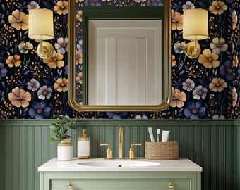 Papier peint floral bleu marine - Papier peint botanique de luxe pour salle de bain et salon - BS186