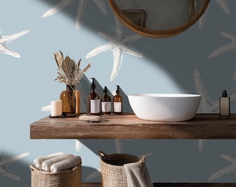 Papel de Parede Costeiro com Estrelas-do-Mar: Mural de Parede Náutico Azul Suave para Decoração de Banheiro e Casa - BS161