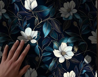 Dark Blue Floral Wallpaper: Thorn Roses Peel and Stick Wall Mural