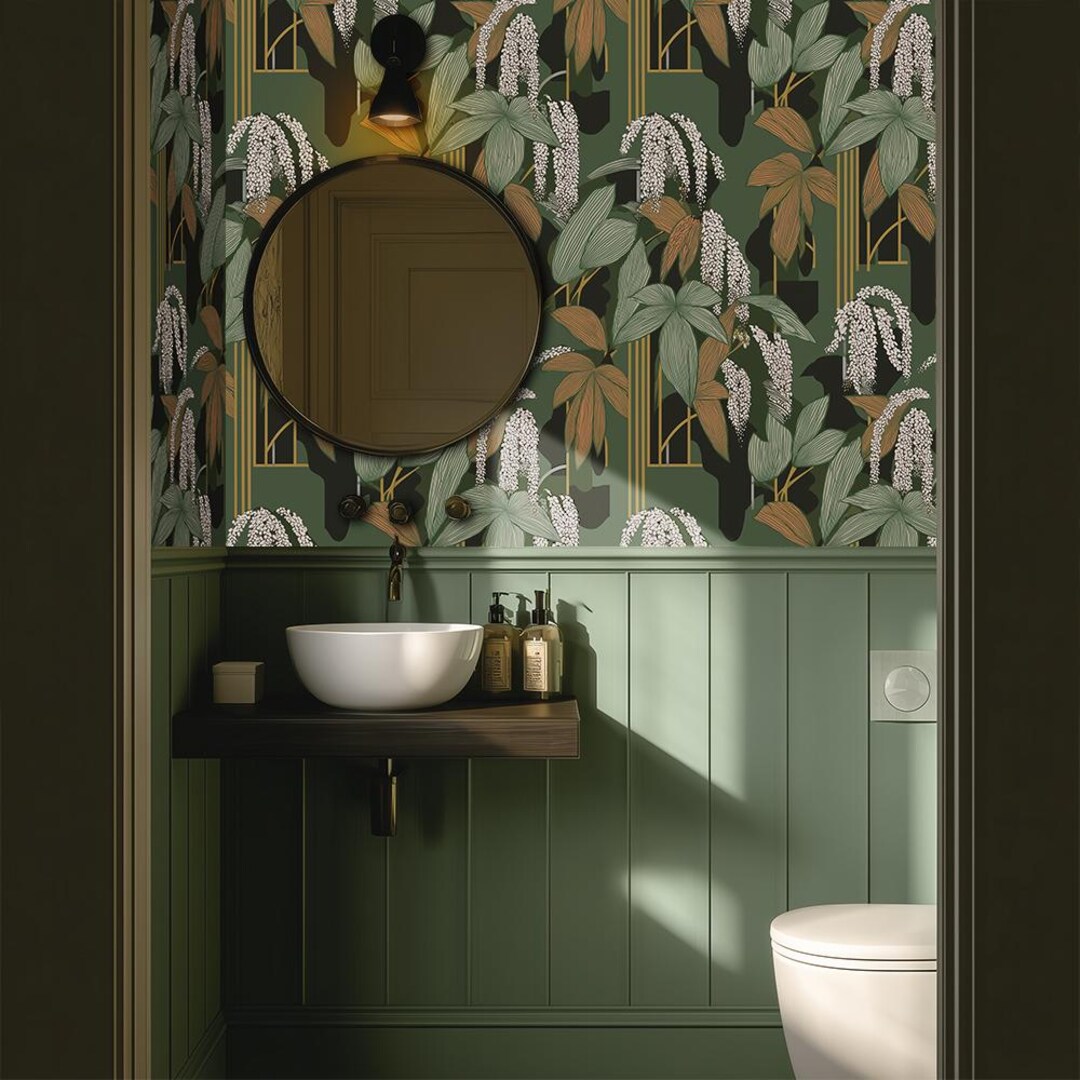 Art Deco Botanical Wallpaper: Green Peel and Stick | Textured Removable