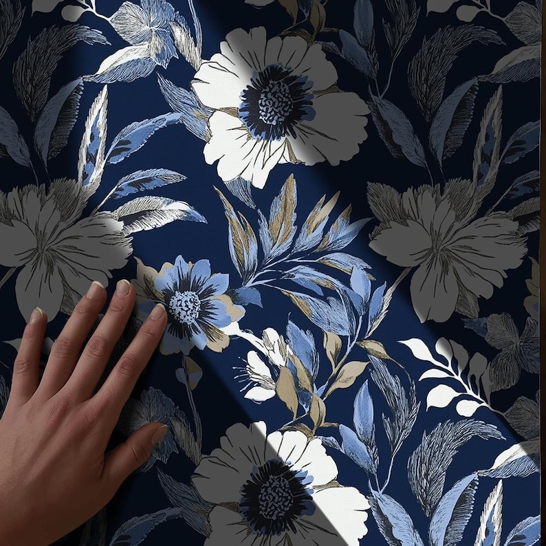 Navy Floral Wallpaper: Elegant Blue Botanical Wallpaper for Living Room ...