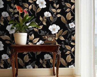 Black Floral Wallpaper: Moody Botanical Wallpaper for Entryway - BS233