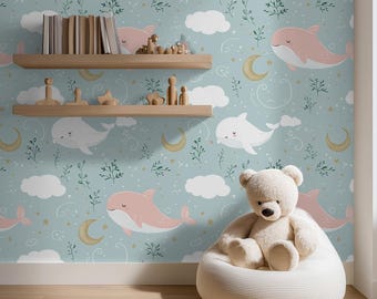 Whale and Moon Kids Wallpaper: Dreamy Ocean Mural for Nursery, Peel and Stick Wall Art - BS02