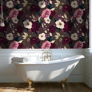 Burgundy and Blush Rose Wallpaper – Romantic Floral Wall Mural with Ivory Accents for Elegant Interiors - BS75