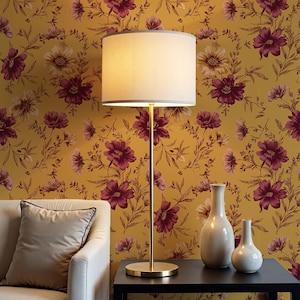 Ochre Floral Wallpaper – Burgundy and Blush Vintage Flower Mural for Living Room or Bedroom - BS133