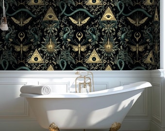 Mystic Occult Wallpaper: Dark Gothic Botanical Wall Decor for Bathroom - BS128