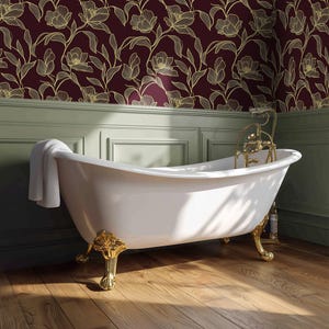 Burgundy Gold Floral Wallpaper – Line Art Wall Mural for Vintage Bathroom Design - BS231
