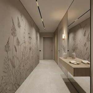 Neutralna tapeta ścienna z motywem botanicznym: Miękka, liniowa ściana artystyczna do przedpokoju i przedpokoju – BS370