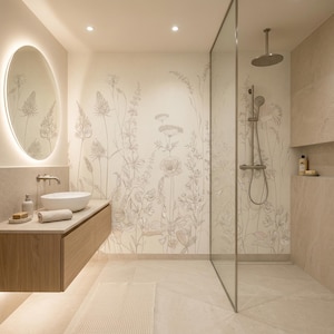 Neutral Wildflower Mural Wallpaper: Soft Floral Line Art for Bathroom, Powder Room - BS372