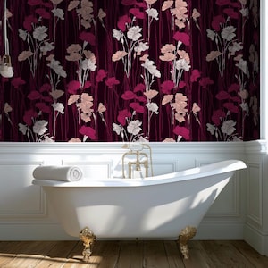 Dark Red Floral Wallpaper – Removable Pink Flower Wall Mural, Elegant Botanical Wallpaper for Home Decor - BS21