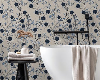Blue Floral Wallpaper: Elegant Botanical Wallpaper for Bathroom and Cottage Decor -  BS208