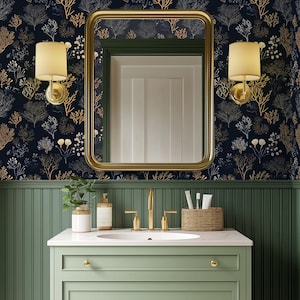 Tapeta w ciemne motywy botaniczne: Wzór łąki do łazienki, toalety, łazienki gościnnej - BS182