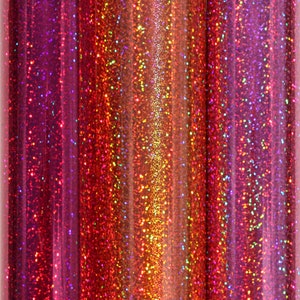 Könnte beinhalten: Drei Rollen irisierendes Glitzer-Vinyl in den Farben Pink, Rot und Orange. Das Vinyl hat eine feine Glitzer-Oberfläche und ist perfekt zum Basteln und Dekorieren.